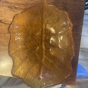 Medium Art Glass Amber Leaf Shaped Console Serving Bowl Textured with Stem